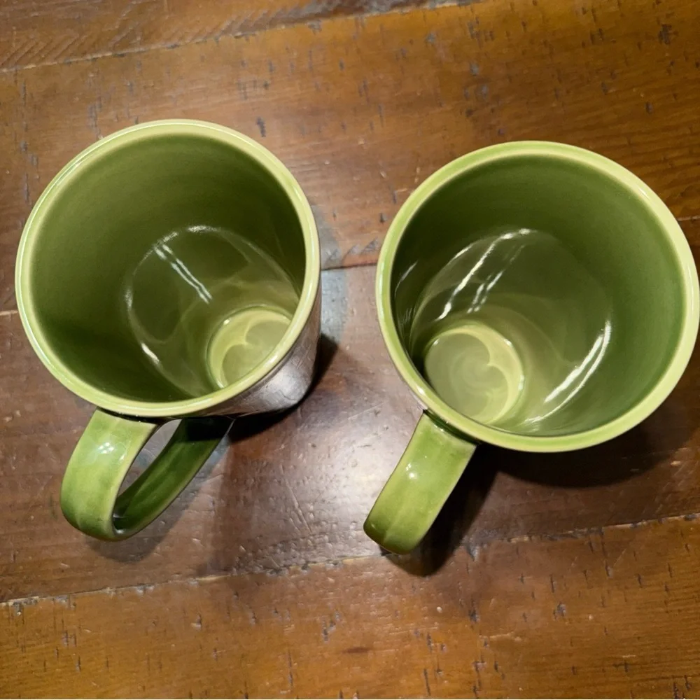 Pier 1 Green and White Mugs set of 2